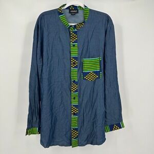 Ashro Blue Button-Down Shirt with Green and Yellow Trim